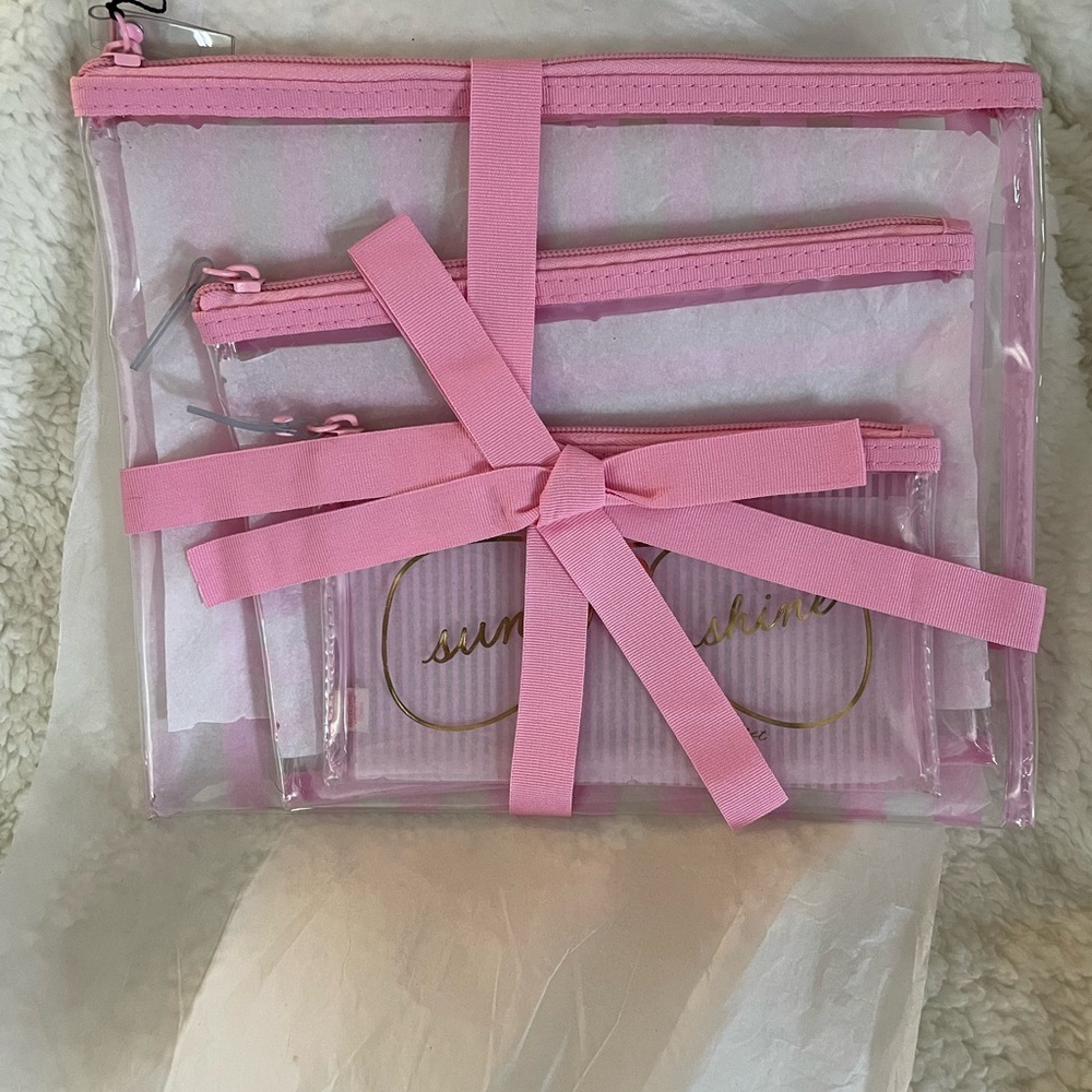 Victoria Secrets Pink Striped Clear Cosmetic Bags Set of 3